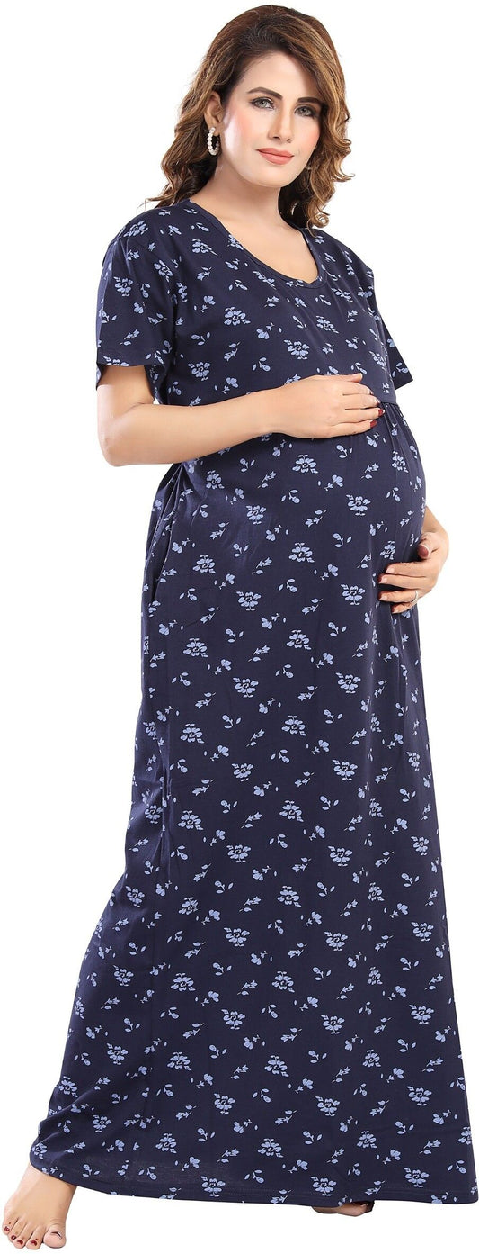 Fabme Women's Full Length Printed Pre and Post Pregnancy Pure Cotton Nursing Nightdress Nighty - Navy Blue