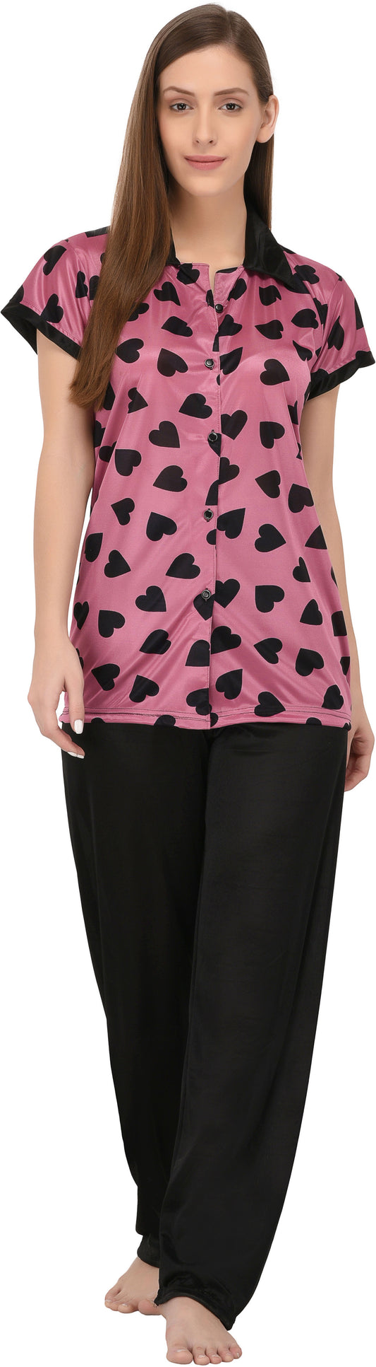 Fabme Women's Purple heart Print Satin EveryDay  Top and Pyjama Set