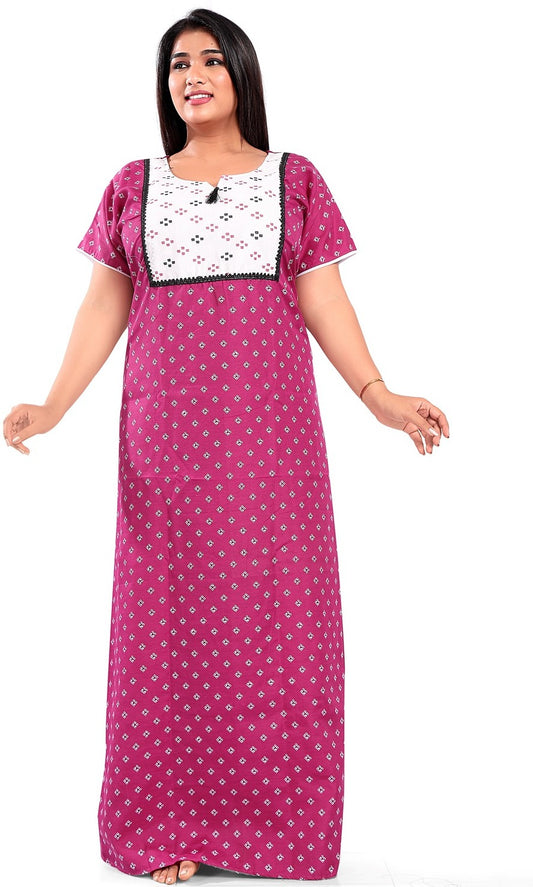 Fabme Women's Purple Printed Cotton Full Length EveryDay Night Dress Nighty