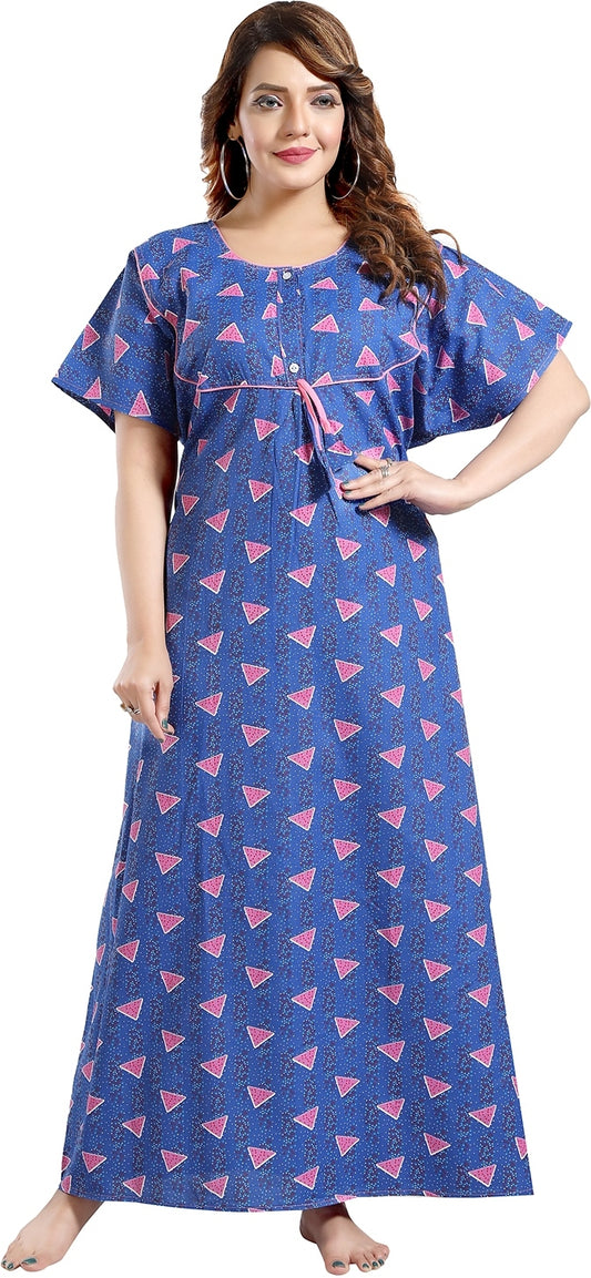 Fabme Women's Blue Printed Cotton Full Length EveryDay Night Dress Nighty