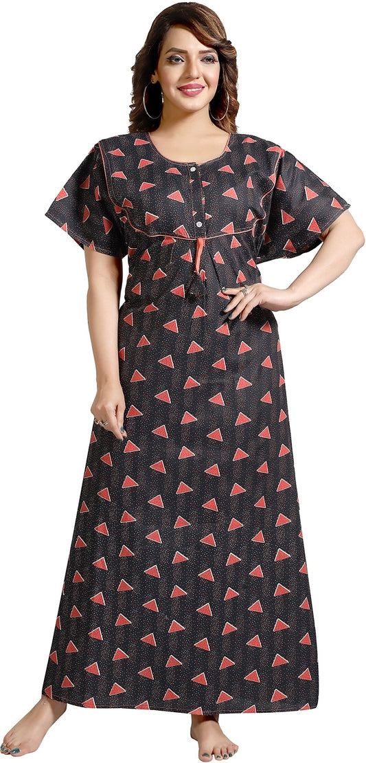 Fabme Women's Black Printed Cotton Full Length EveryDay Night Dress Nighty