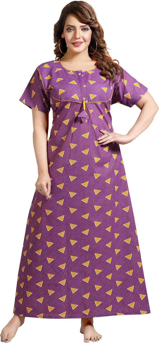 Fabme Women's Purple Printed Cotton Full Length EveryDay Night Dress Nighty