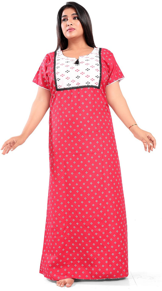 Fabme Women's Red Printed Cotton Full Length EveryDay Night Dress Nighty