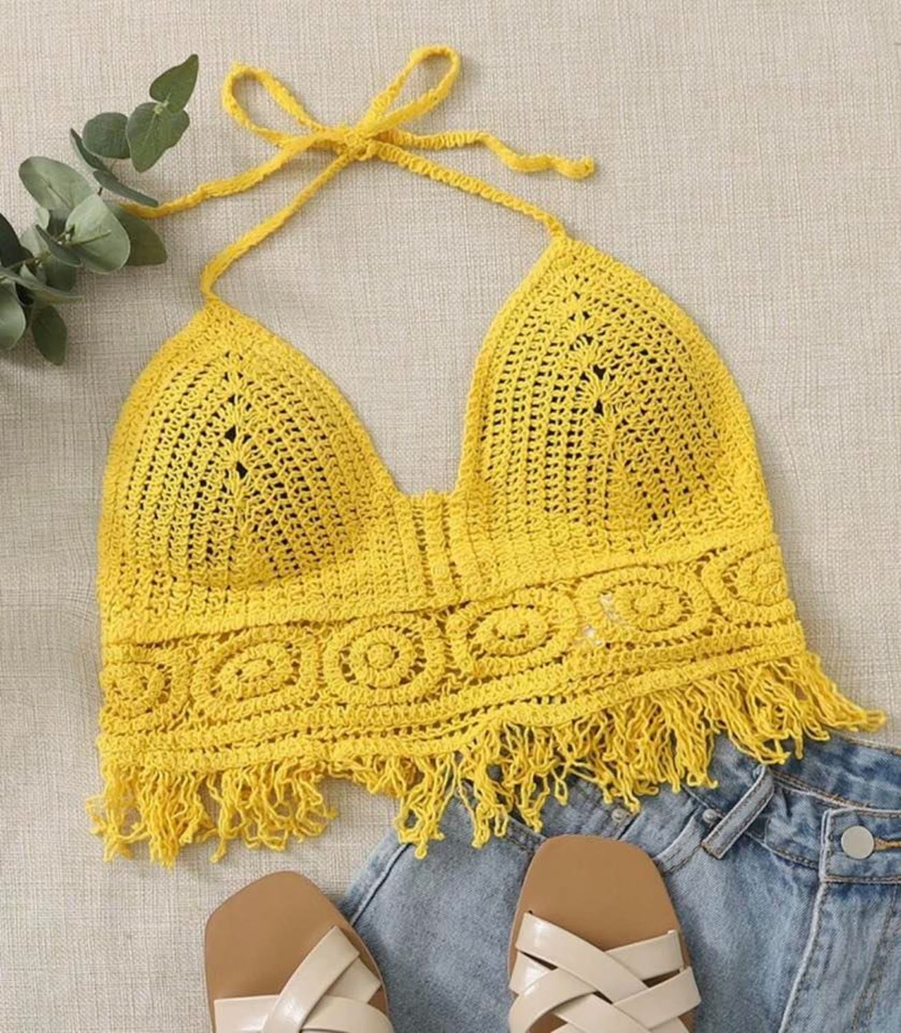 Fabme Crochet Halter Neck Padded Bikini attached Pad Lace Up Beachwear Bralette Crop Top/Bra - Yellow