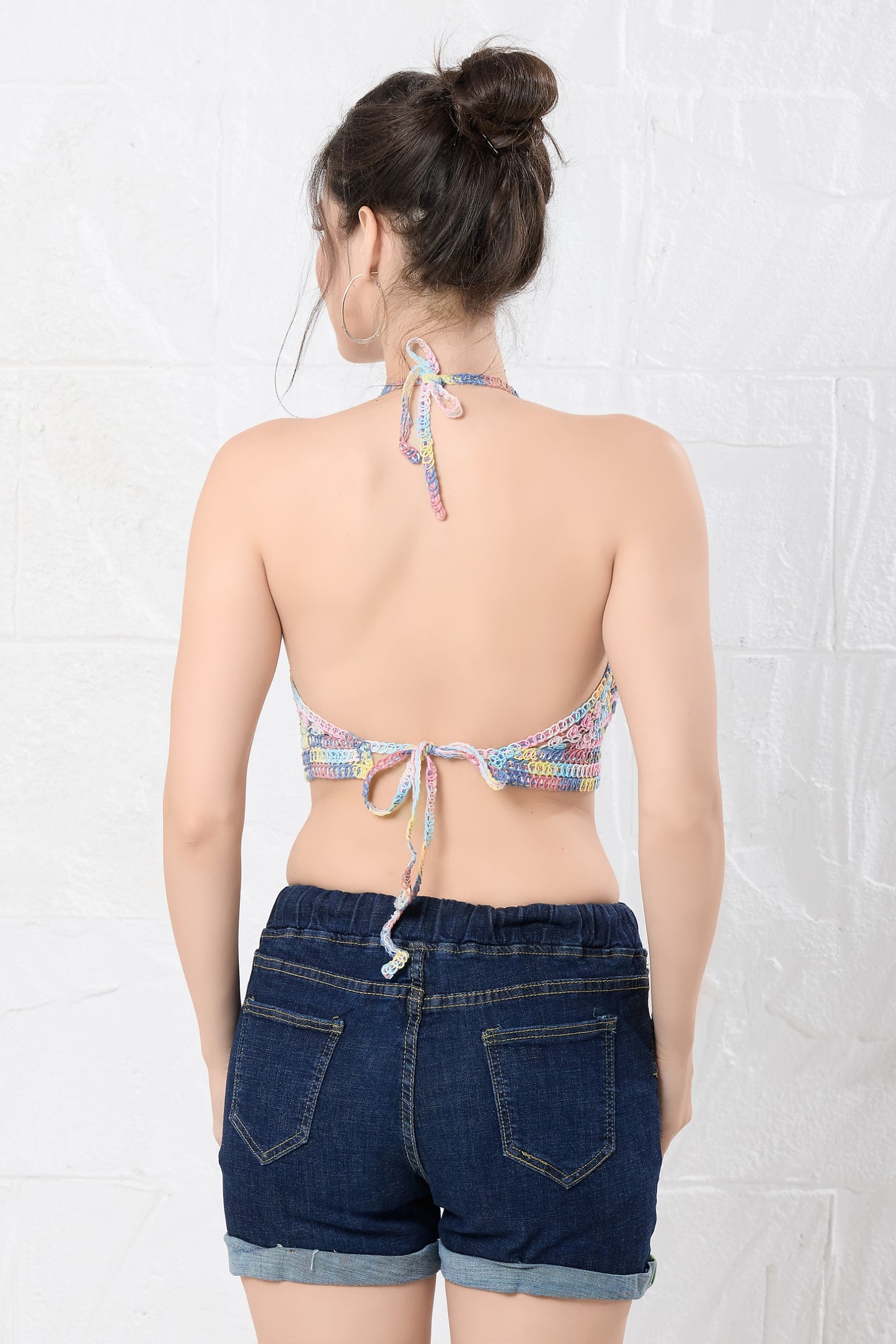 Fabme Women's Crochet Halter Neck Padded Bikini attached Pad Lace Up Beachwear Bralette Crop Top/Bra - Multicolored