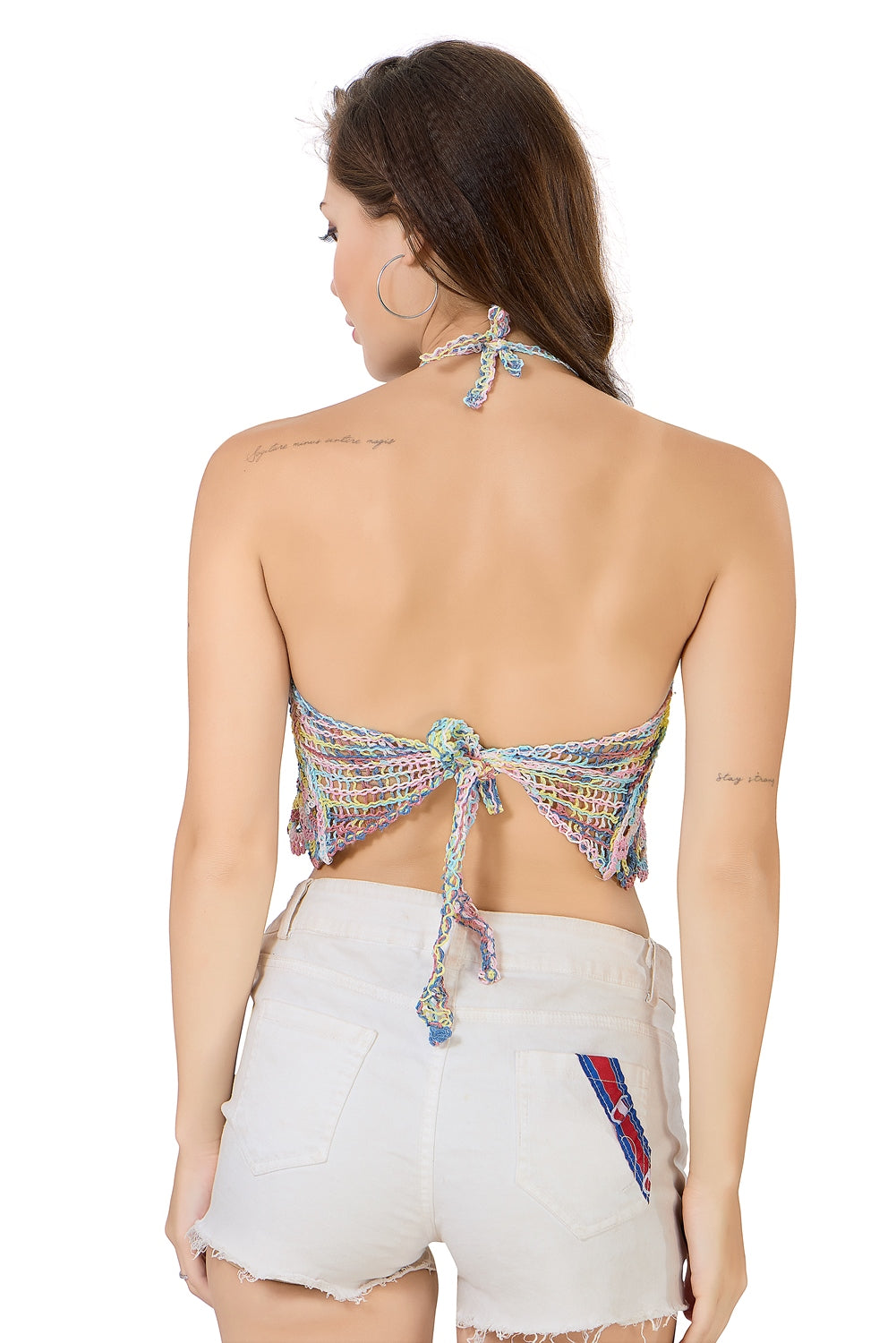 Fabme Crochet Halter Neck Padded Bikini attached Pad Lace Up Beachwear Bralette Crop Top/Bra - Multicolored