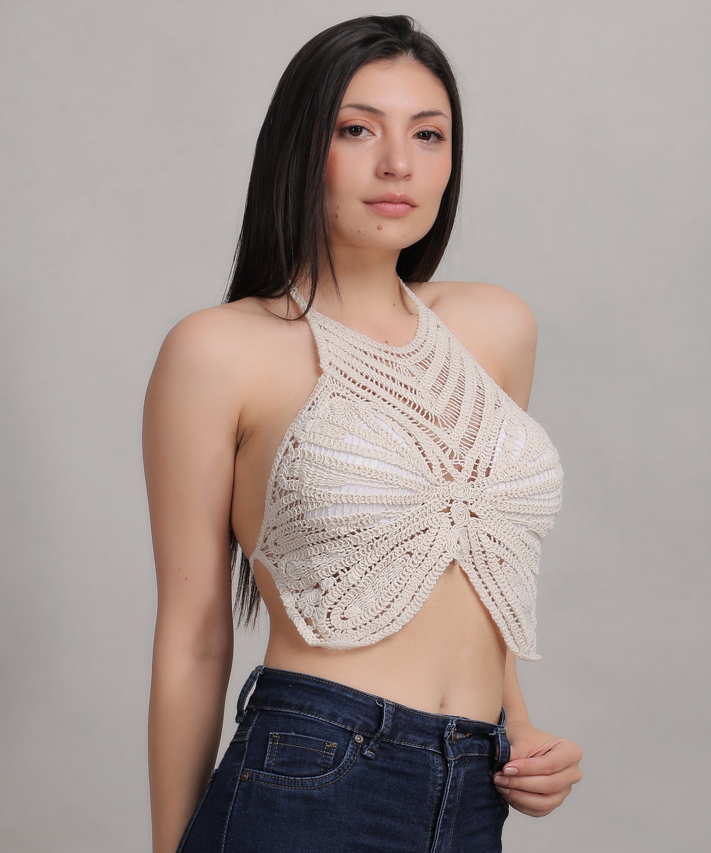 Fabme Women's Butterfly Shaped Padded Crochet Halter Crop Top