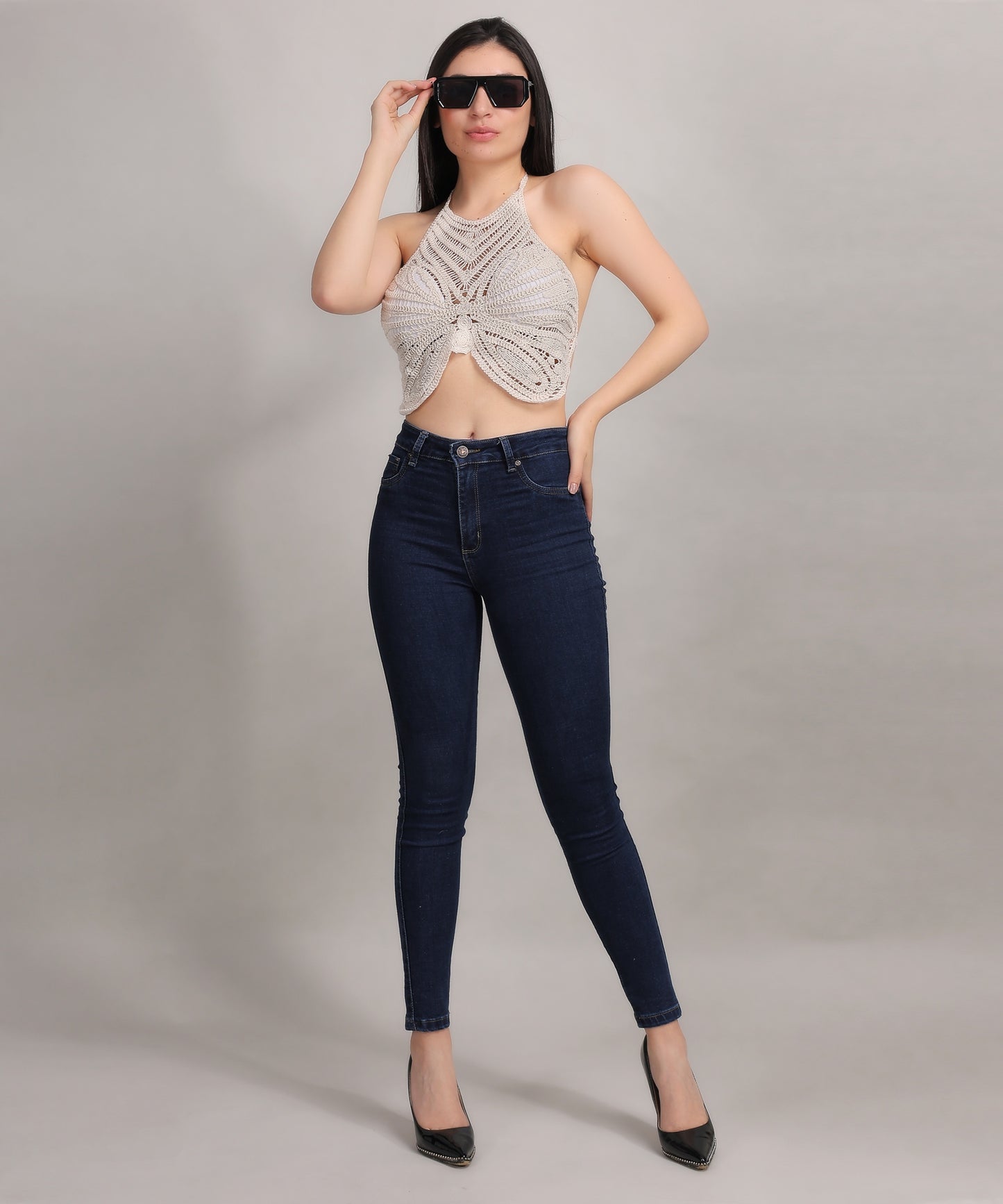 Fabme Women's Butterfly Shaped Padded Crochet Halter Crop Top