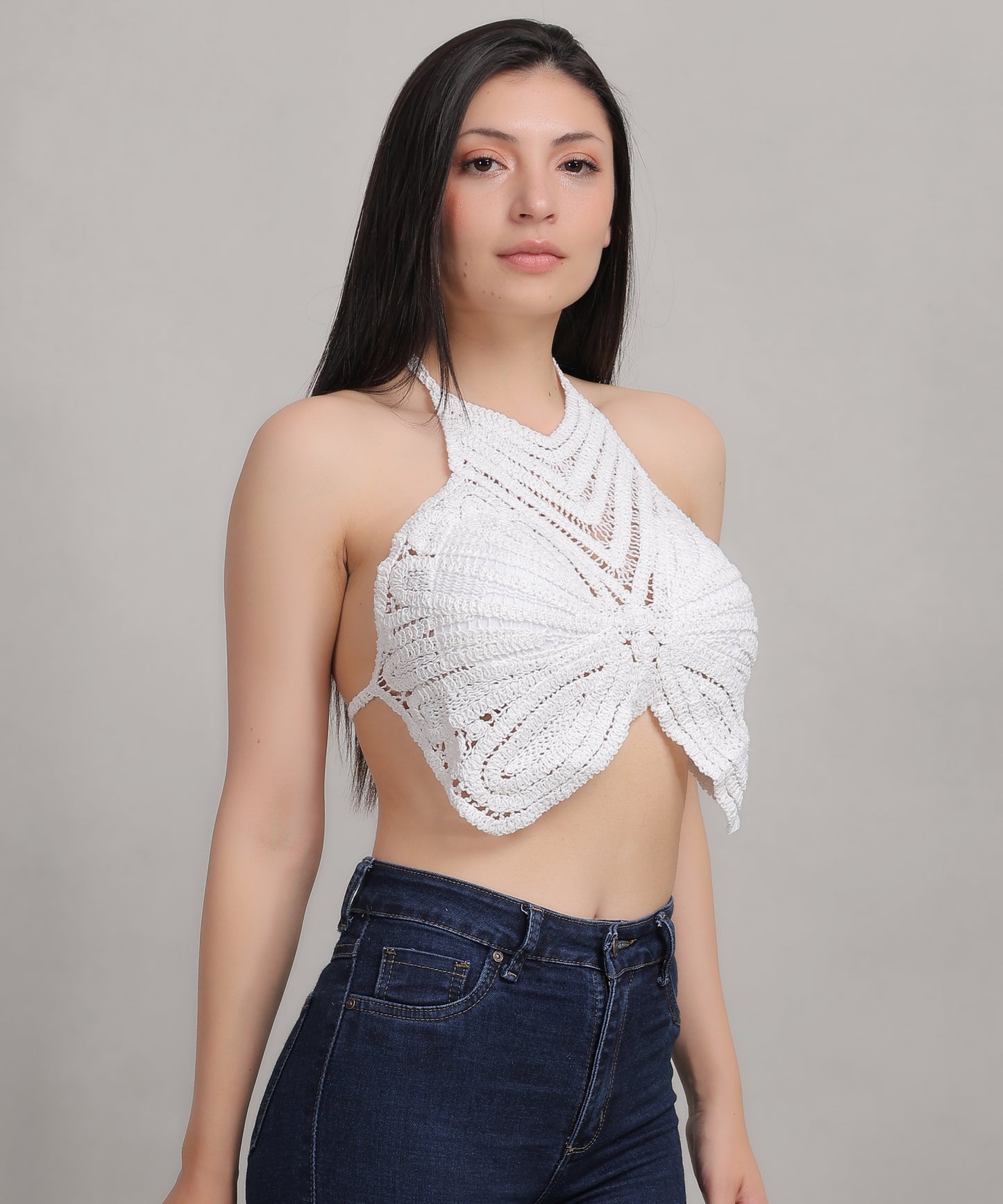 Fabme Women's Butterfly Shaped Padded Crochet Halter Crop Top
