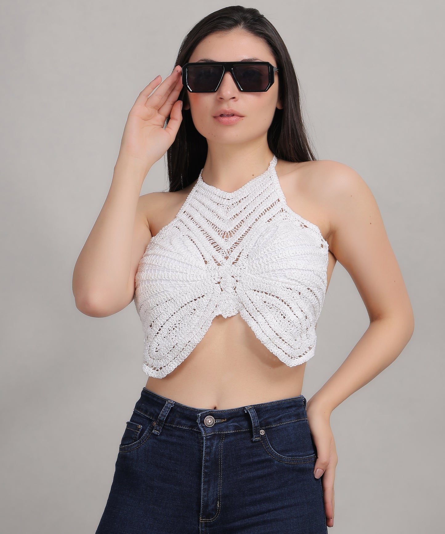 Fabme Women's Butterfly Shaped Padded Crochet Halter Crop Top