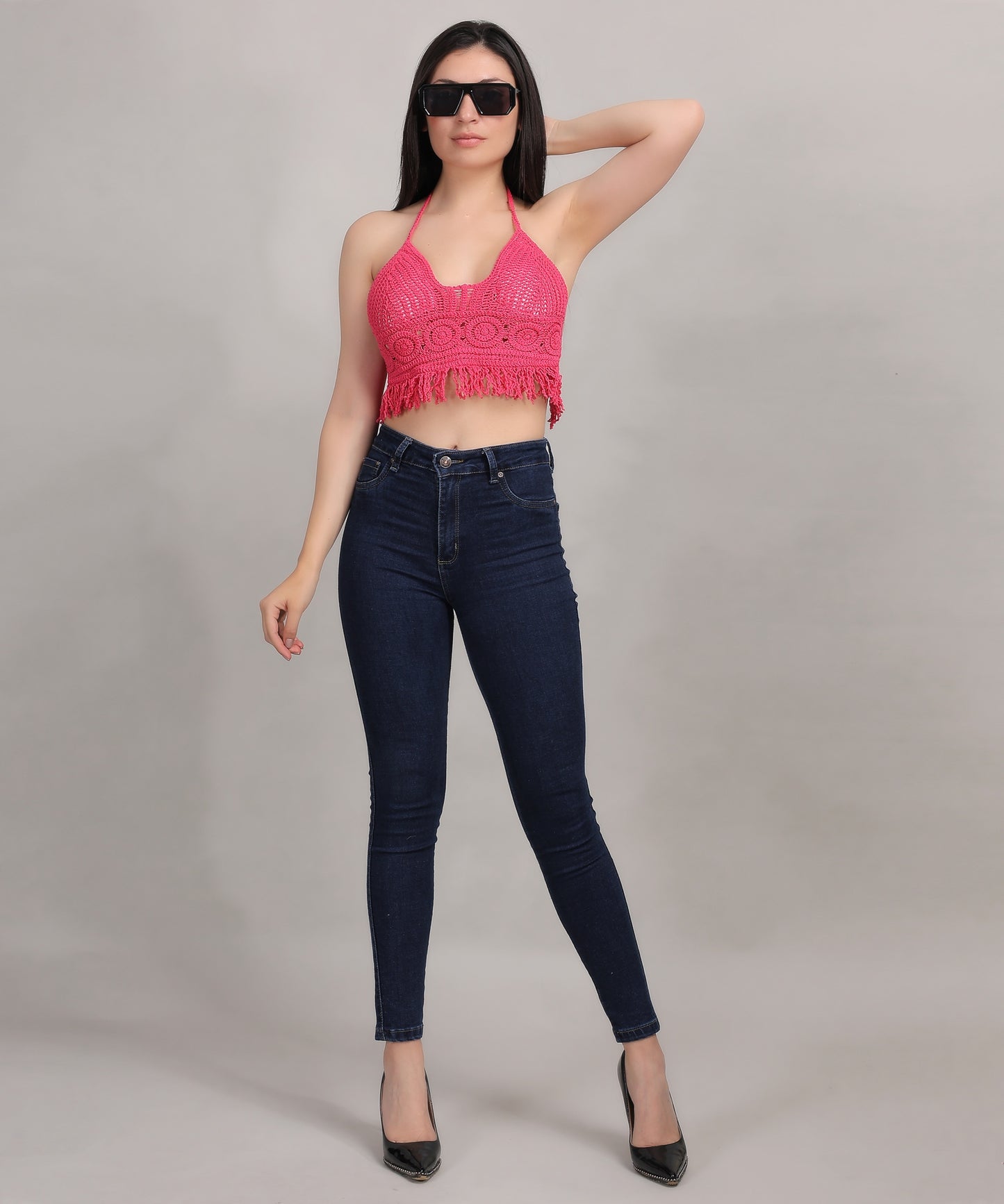 Fabme Crochet Halter Neck Padded Bikini attached Pad Lace Up Beachwear Bralette Crop Top/Bra - Dark Pink