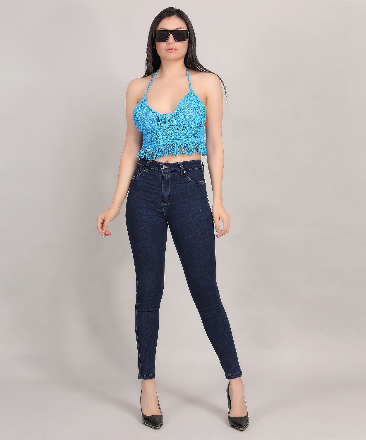 Fabme Crochet Halter Neck Padded Bikini attached Pad Lace Up Beachwear Bralette Crop Top/Bra - Blue