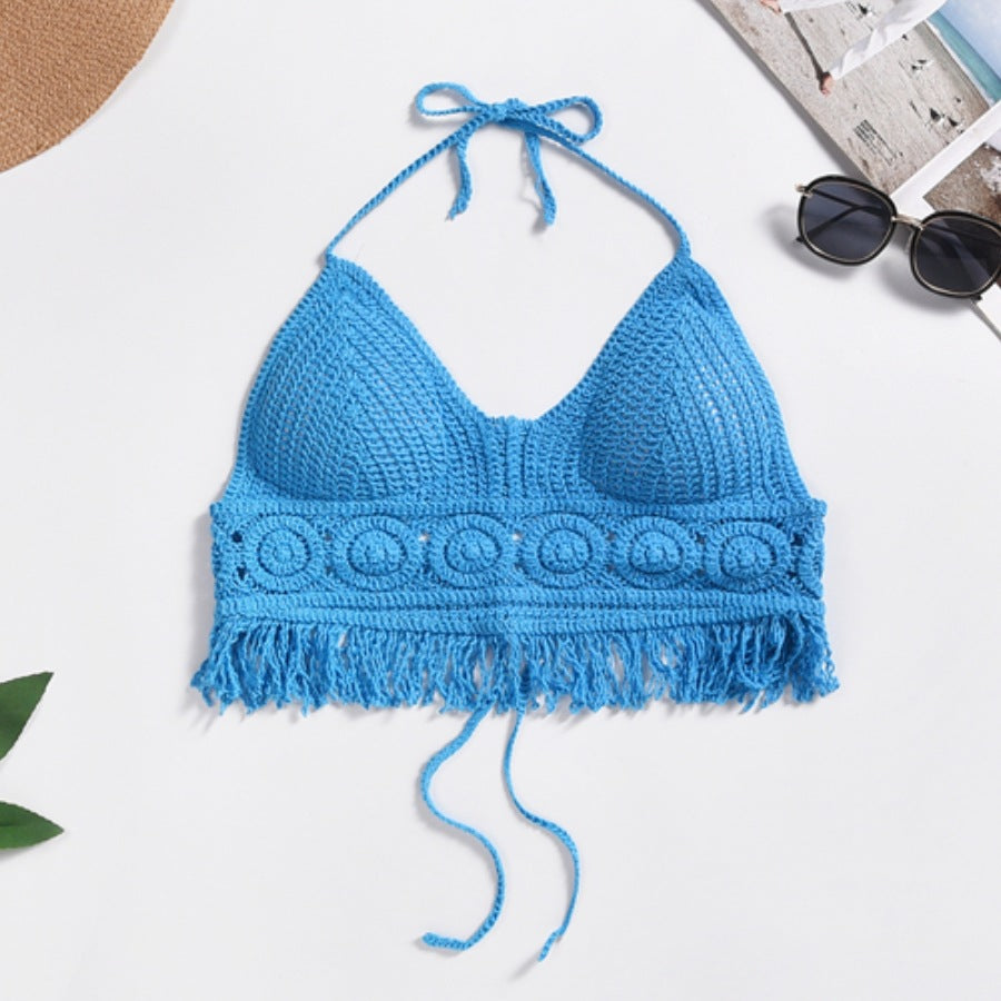 Fabme Crochet Halter Neck Padded Bikini attached Pad Lace Up Beachwear Bralette Crop Top/Bra - Blue
