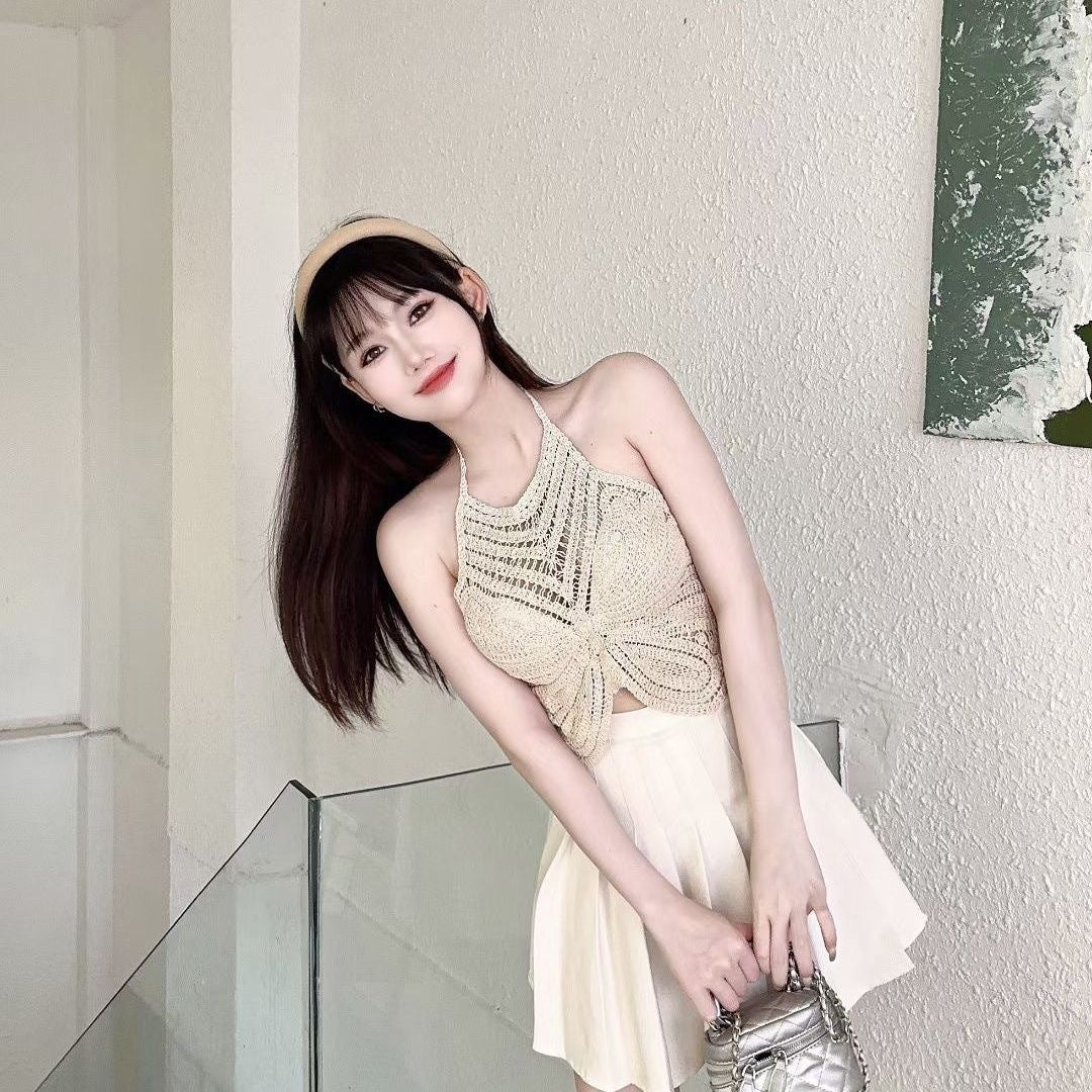 Fabme Women's Butterfly Shaped Padded Crochet Halter Crop Top