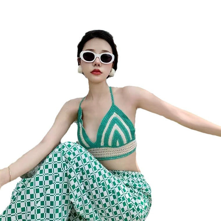 Fabme Women's Padded Crochet Halter Crop Top