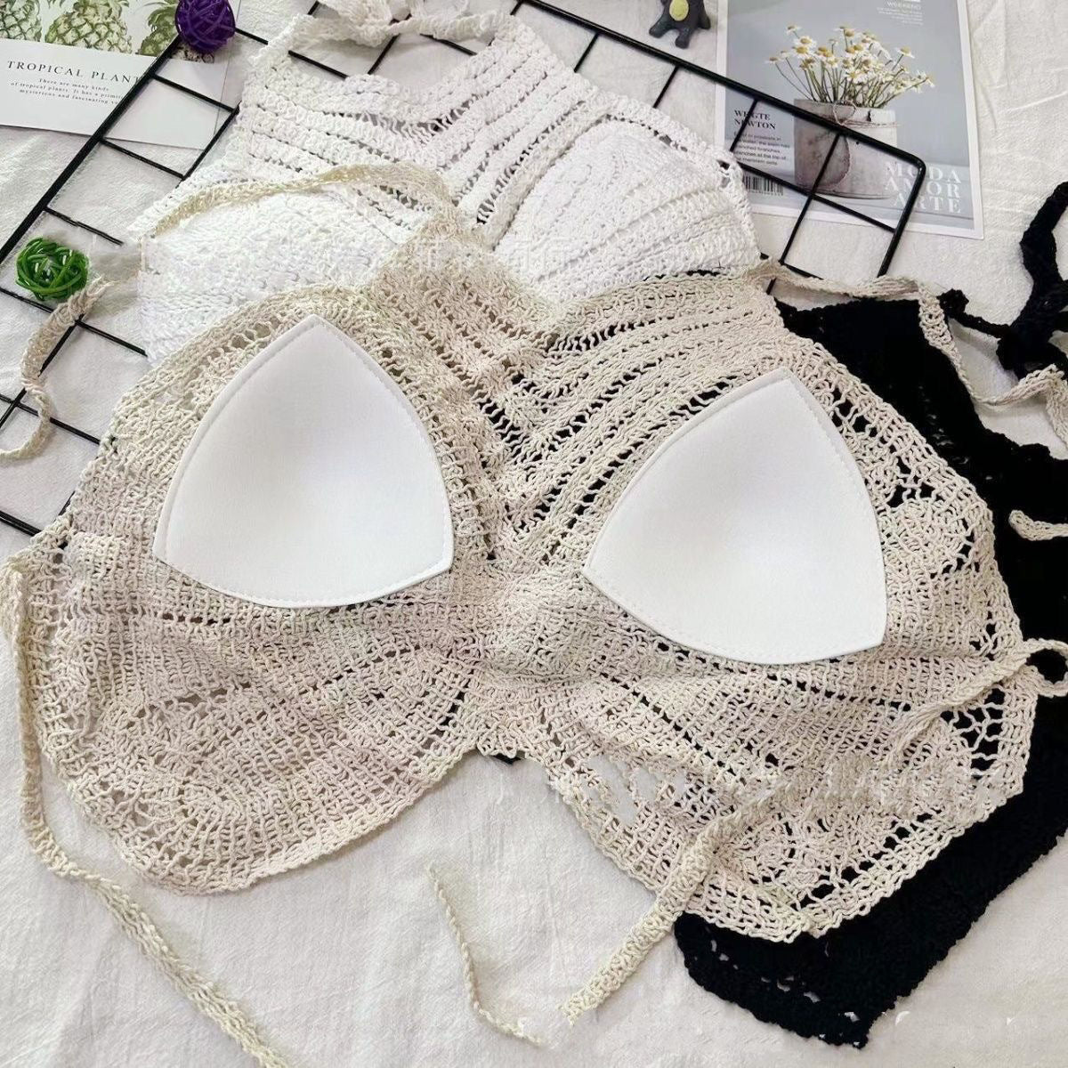 Fabme Women's Butterfly Shaped Padded Crochet Halter Crop Top