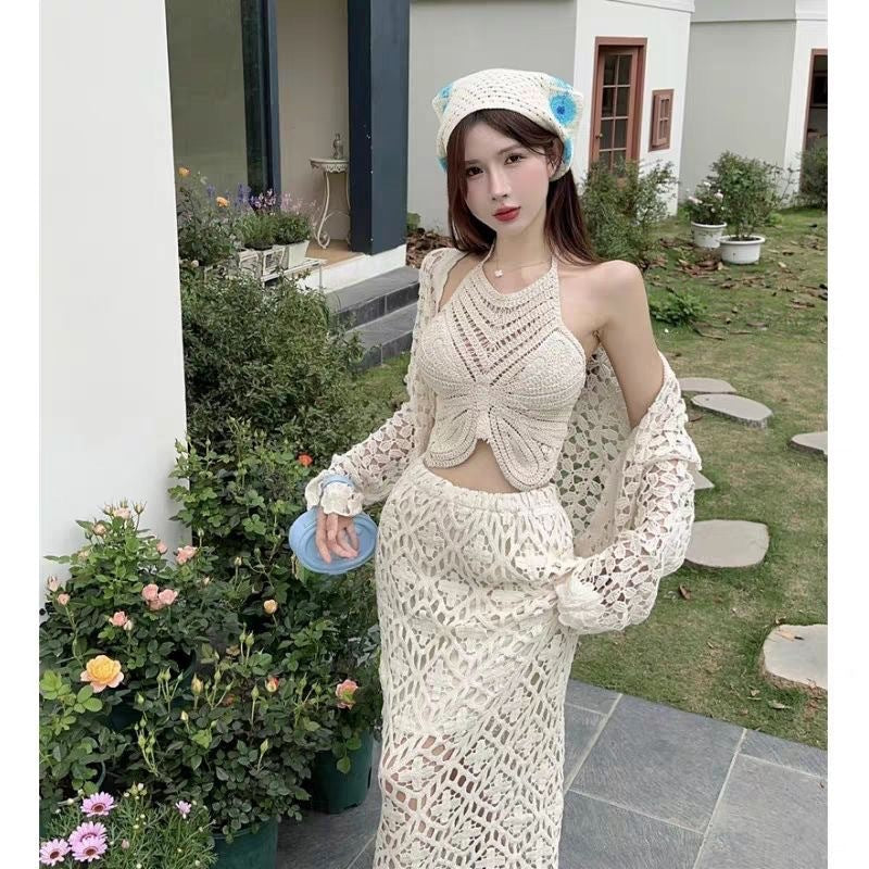 Fabme Women's Butterfly Shaped Padded Crochet Halter Crop Top