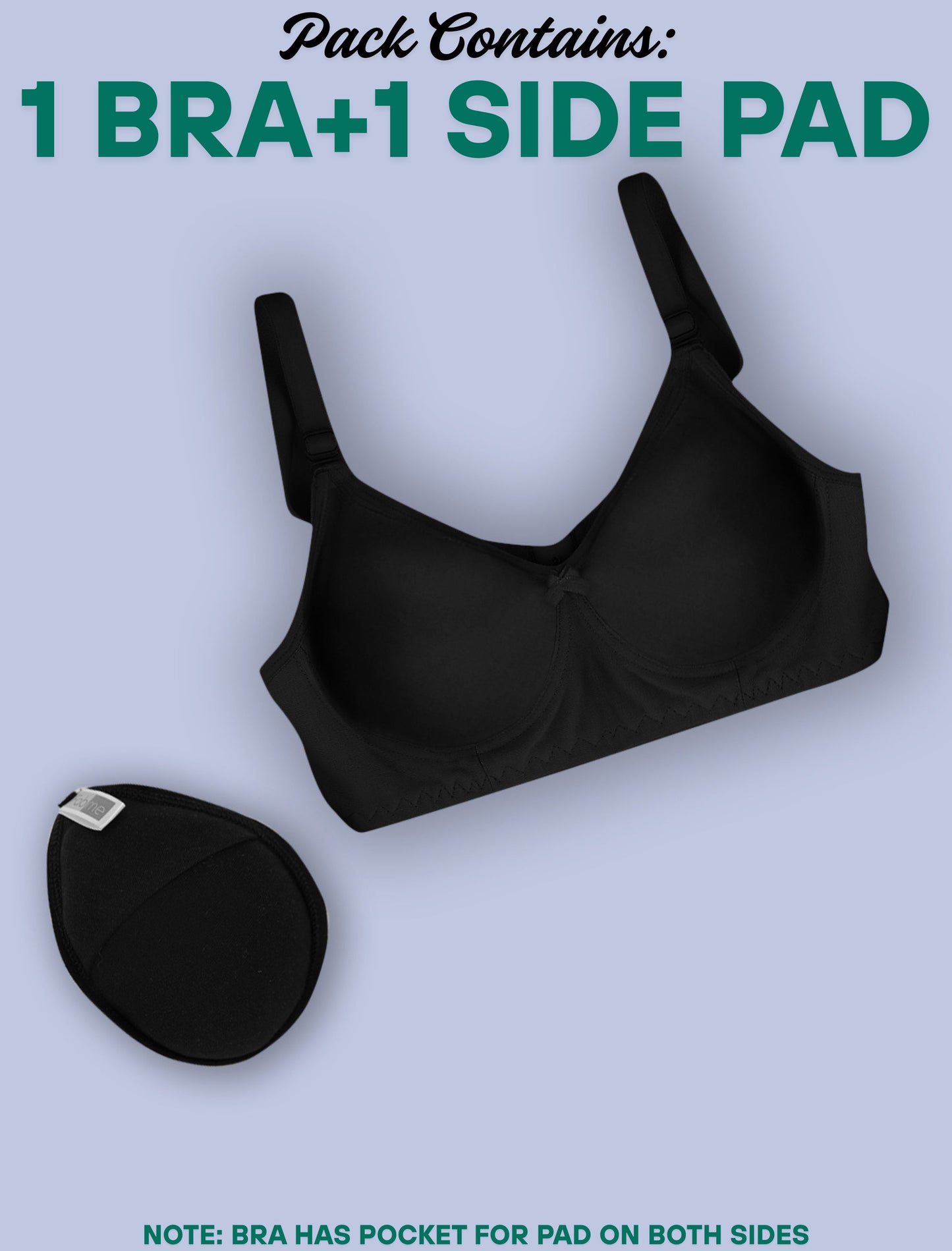 Fabme Mastectomy Cancer Pocket Bra with One Micro Fiber Filled Adjustable Pad | Cotton Bra - Black