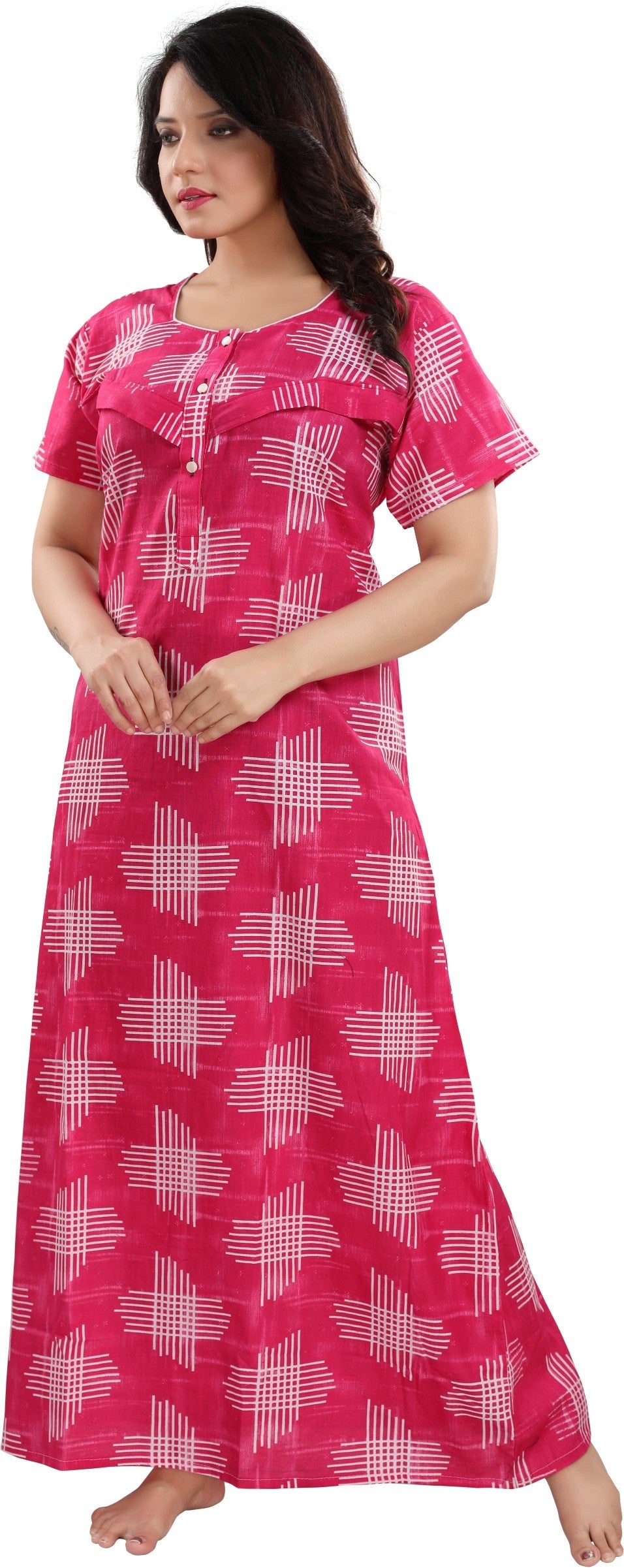 Fabme Women's Dark Pink Horizontal Zip Cotton Full Length Maternity Night Dress Nighty