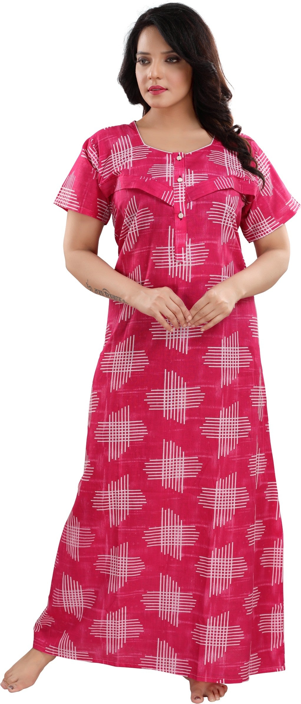 Fabme Women's Dark Pink Horizontal Zip Cotton Full Length Maternity Night Dress Nighty