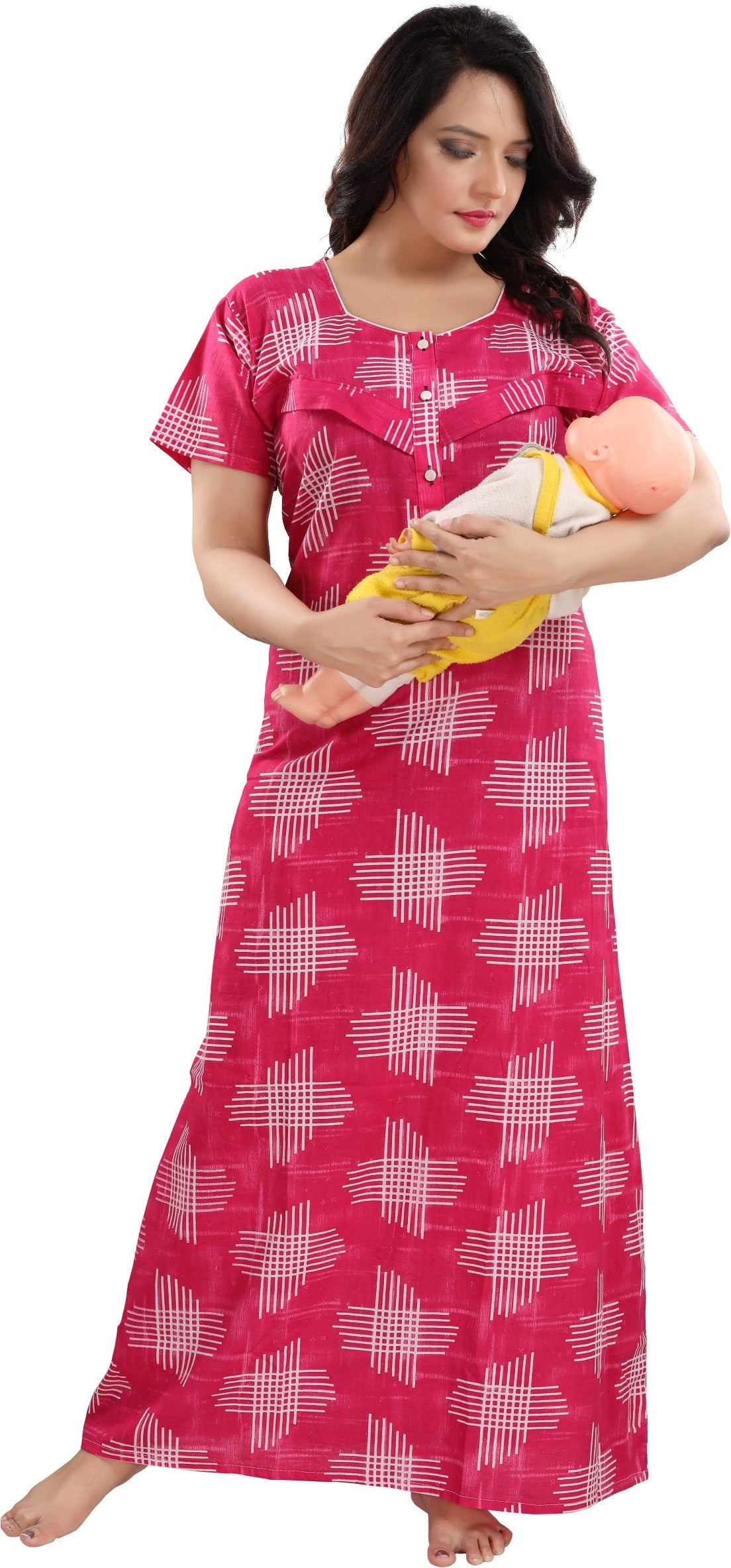 Fabme Women's Dark Pink Horizontal Zip Cotton Full Length Maternity Night Dress Nighty