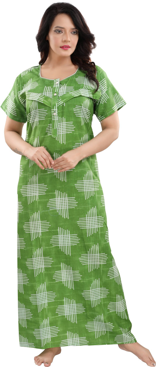 Fabme Women's Green Horizontal Zip Cotton Full Length Maternity Night Dress Nighty
