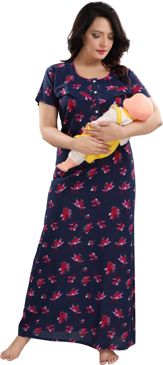 Fabme Women's Dark Pink Horizontal Zip Cotton Full Length Maternity Night Dress Nighty