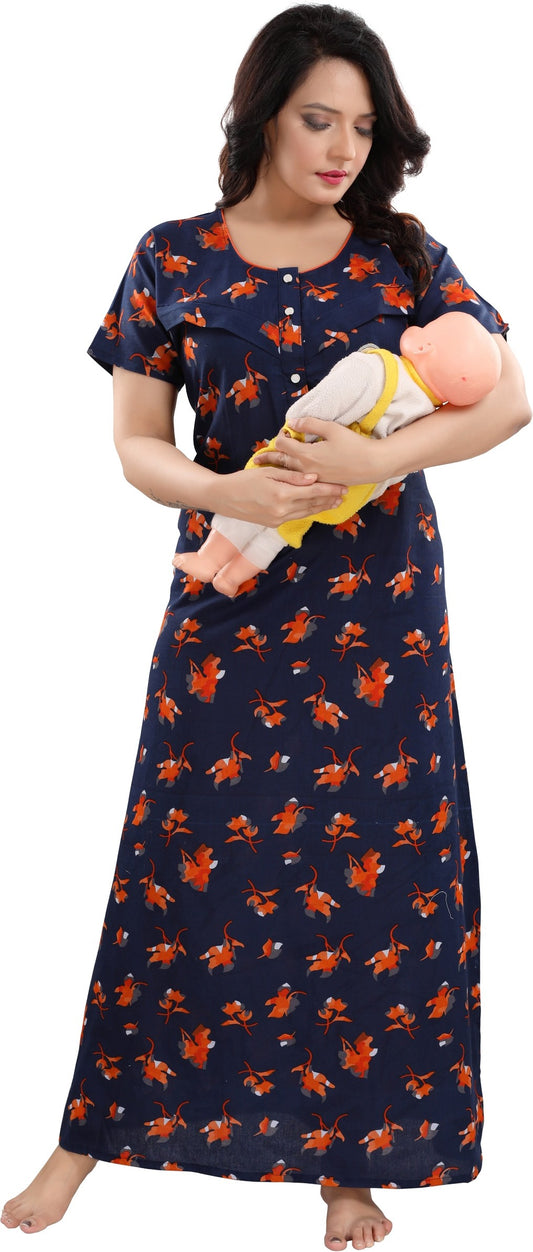 Fabme Women's Orange Horizontal Zip Cotton Full Length Maternity Night Dress Nighty