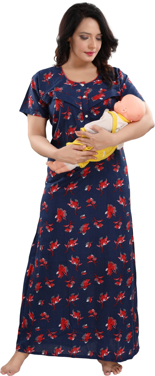 Fabme Women's Red Horizontal Zip Cotton Full Length Maternity Night Dress Nighty