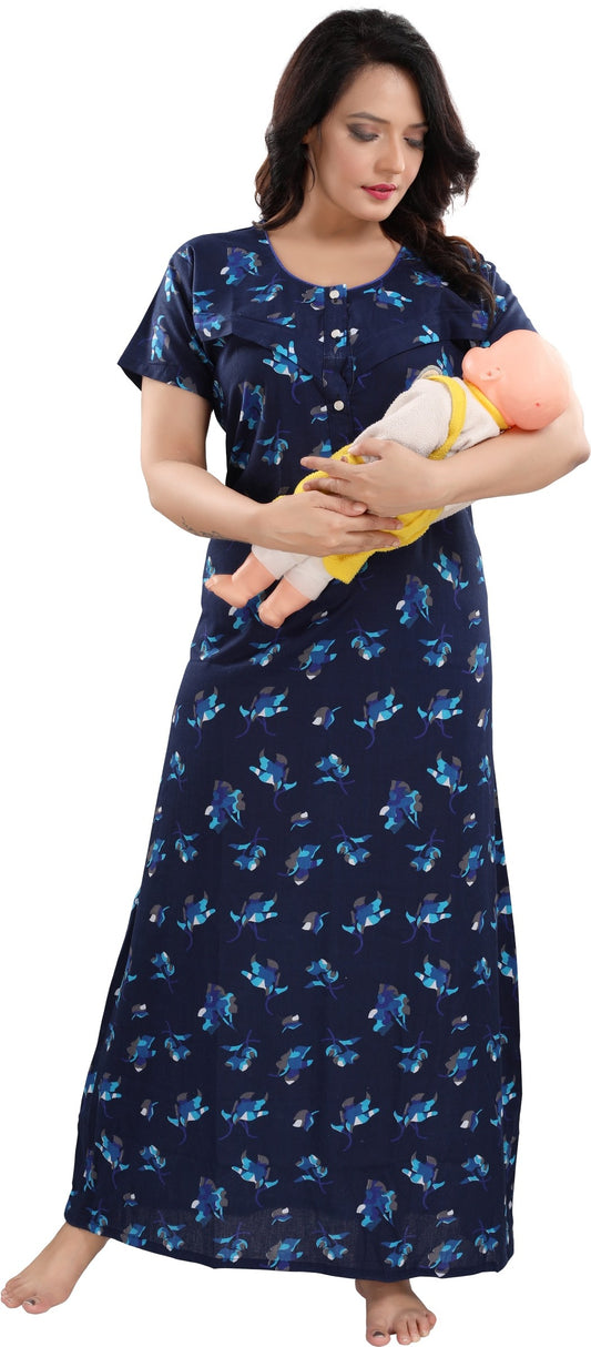 Fabme Women's Sea Green Horizontal Zip Cotton Full Length Maternity Night Dress Nighty