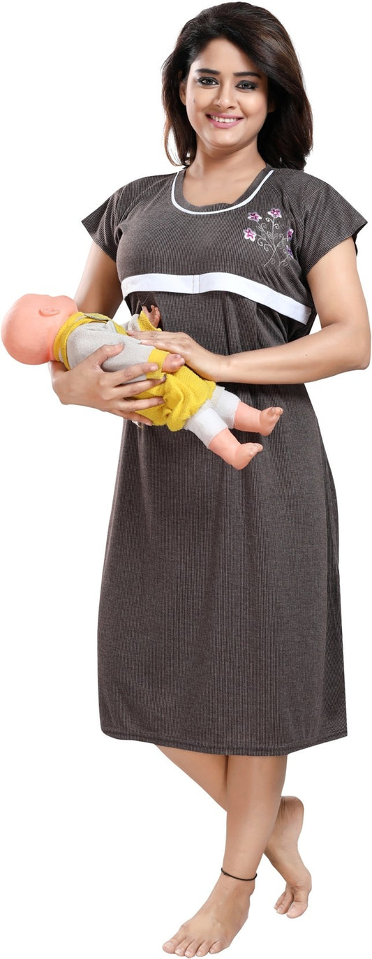 Fabme Women's Chocolate Horizontal Zip Polycotton Full Length Maternity Night Dress Nighty