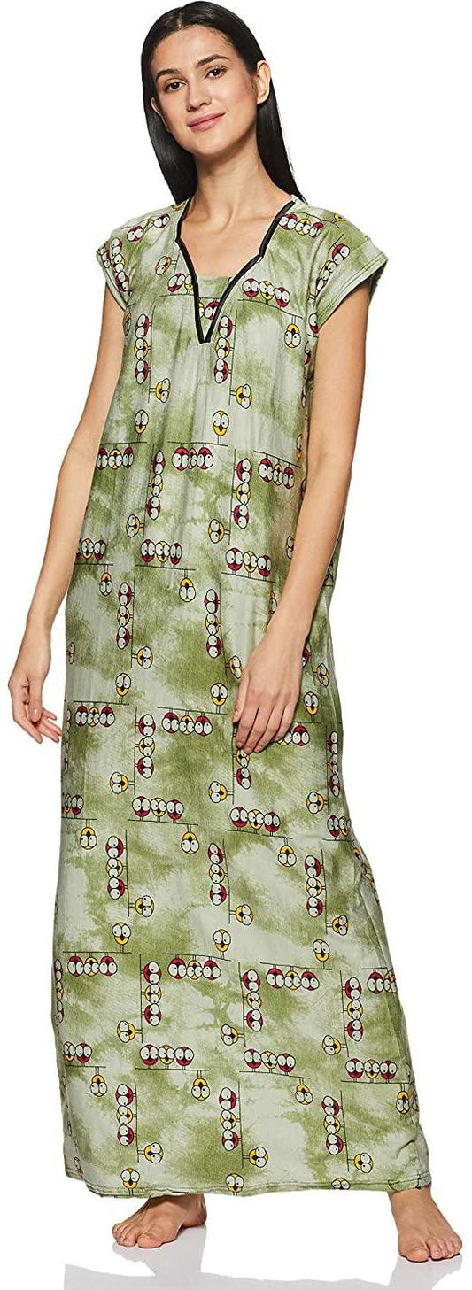 Fabme Women's Green Printed Cotton Full Length EveryDay Night Dress Nighty
