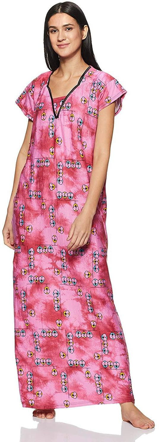 Fabme Women's Pink Printed Cotton Full Length EveryDay Night Dress Nighty