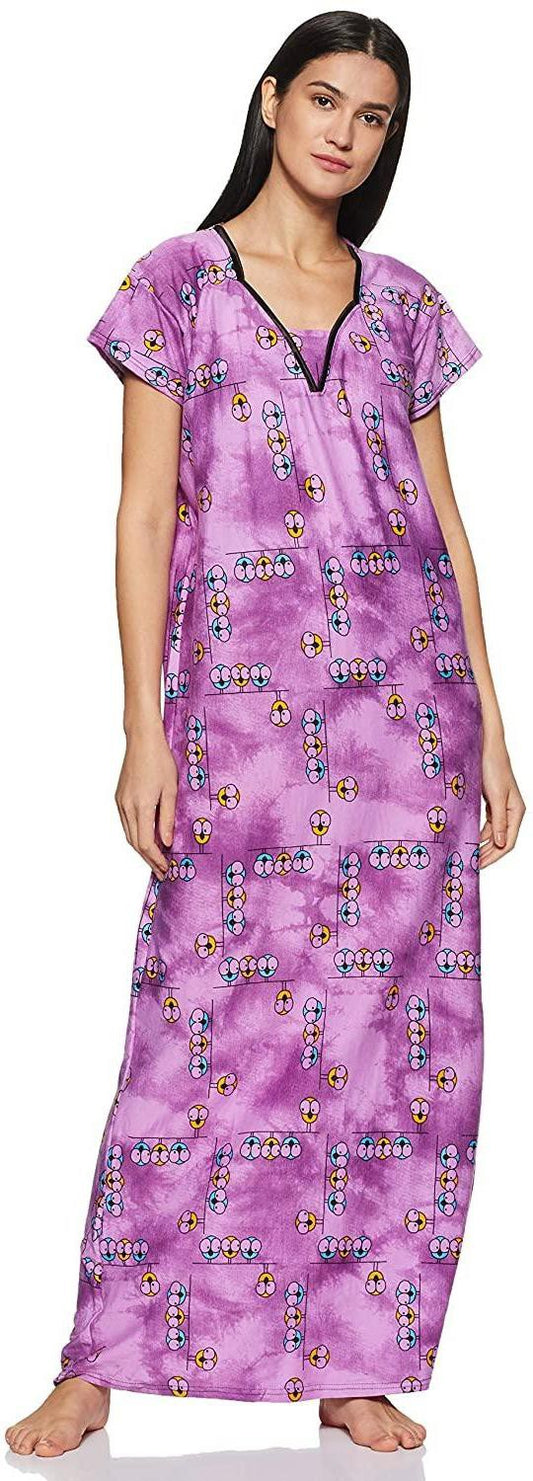 Fabme Women's Purple Printed Cotton Full Length EveryDay Night Dress Nighty