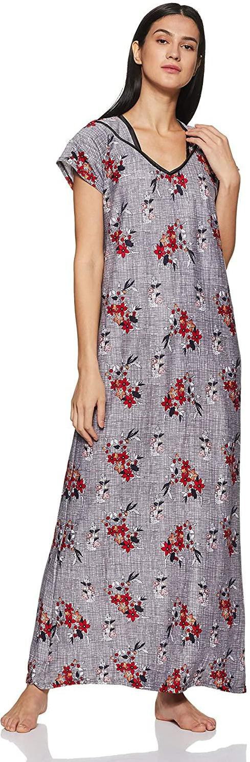 Fabme Women's grey Printed Cotton Full Length EveryDay Night Dress Nighty