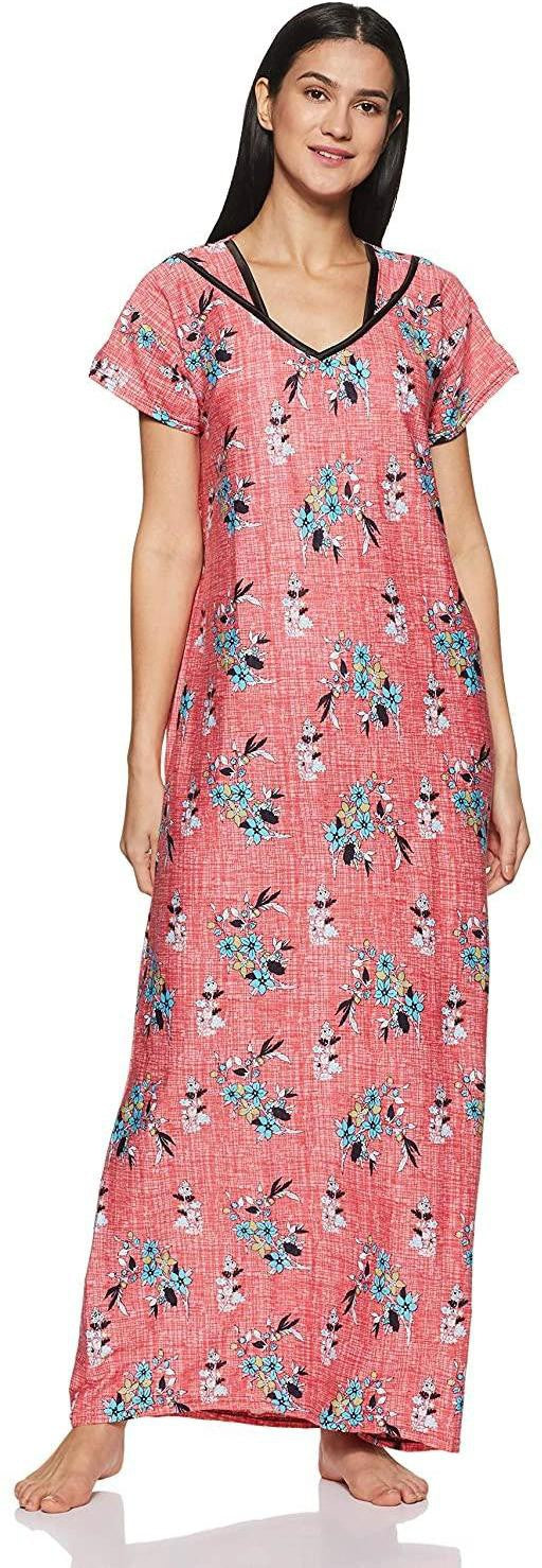 Fabme Women's Red Printed Cotton Full Length EveryDay Night Dress Nighty