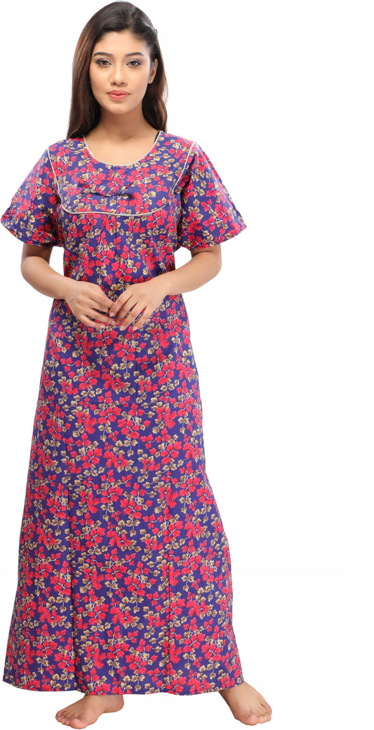Fabme Women's Blue Printed Cotton Full Length EveryDay Night Dress Nighty