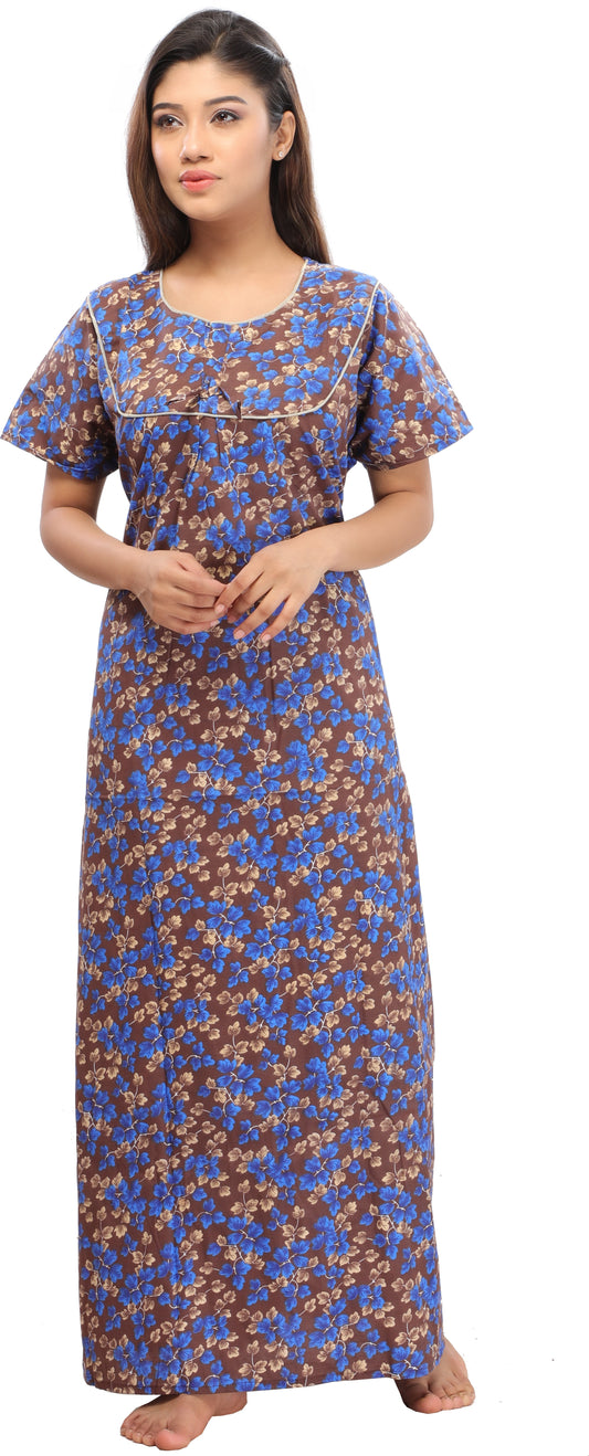 Fabme Women's Chocolate Printed Cotton Full Length EveryDay Night Dress Nighty