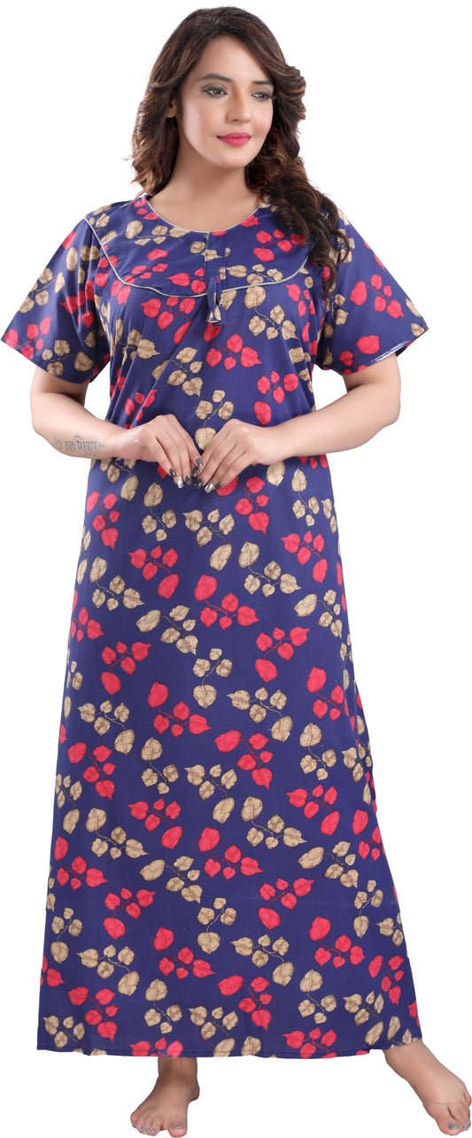 Fabme Women's Blue Printed Cotton Full Length EveryDay Night Dress Nighty