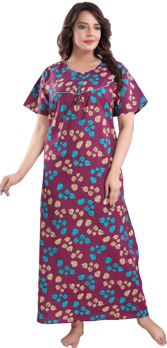 Fabme Women's Maroon Printed Cotton Full Length EveryDay Night Dress Nighty