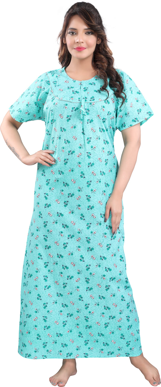 Fabme Women's Light Green Printed Cotton Full Length EveryDay Night Dress Nighty