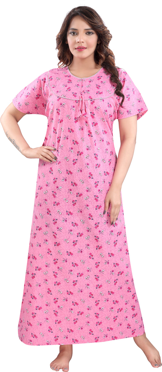 Fabme Women's Pink Printed Cotton Full Length EveryDay Night Dress Nighty