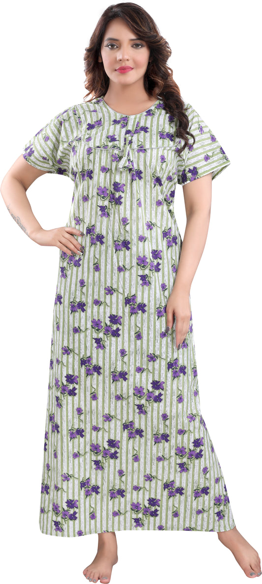 Fabme Women's Light Green Printed Cotton Full Length EveryDay Night Dress Nighty