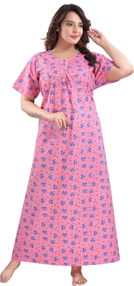 Fabme Women's Pink Printed Cotton Full Length EveryDay Night Dress Nighty