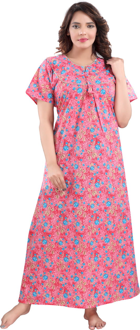 Fabme Women's Dark Pink Printed Cotton Full Length EveryDay Night Dress Nighty