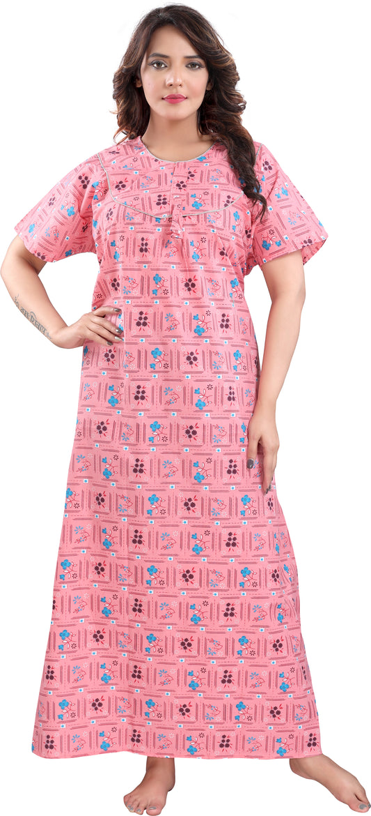 Fabme Women's Pink Printed Cotton Full Length EveryDay Night Dress Nighty