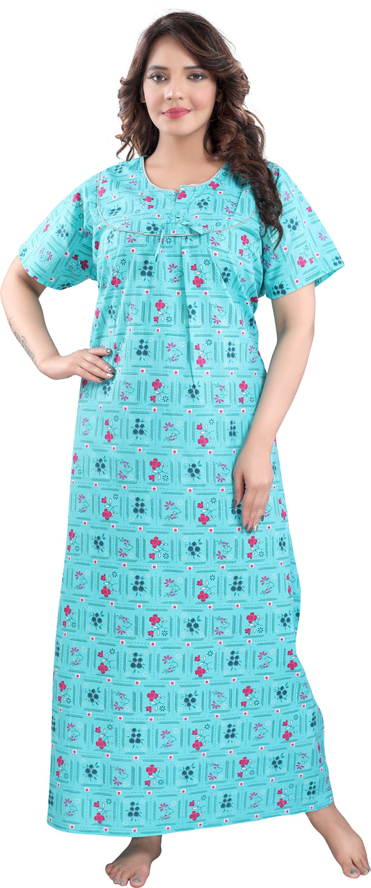 Fabme Women's Sea Green Printed Cotton Full Length EveryDay Night Dress Nighty