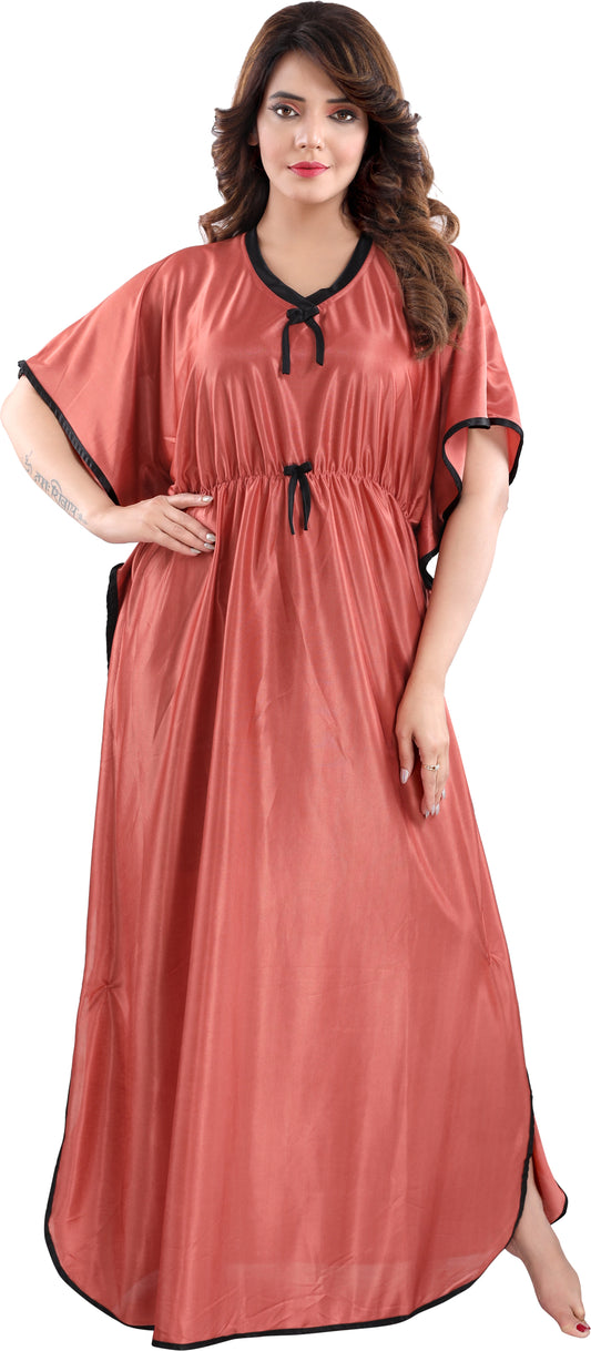 Fabme Women's Orange Plain Satin Full Length EveryDay Night Dress Nighty