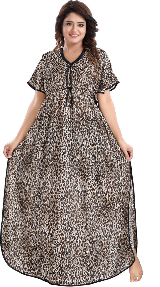 Fabme Women's Cheetah Printed Satin Full Length EveryDay Night Dress Nighty