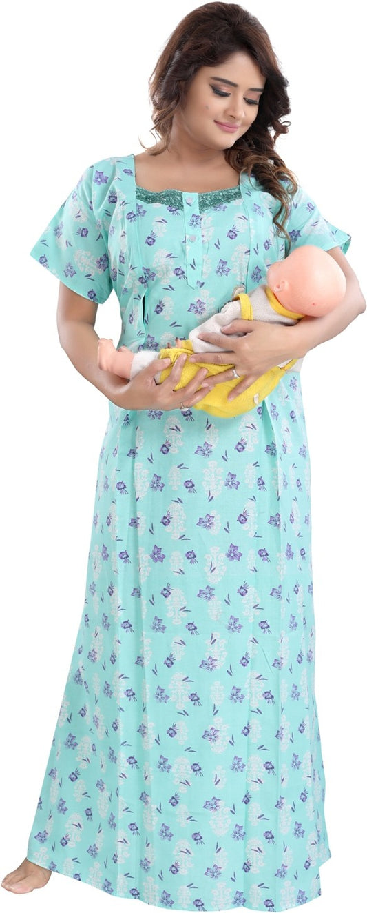 Fabme Women's Green Vertical Zip Cotton Full Length Maternity Night Dress Nighty